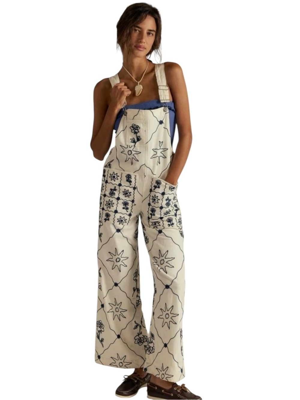 Free People Rising Sun Embroidered Overalls S